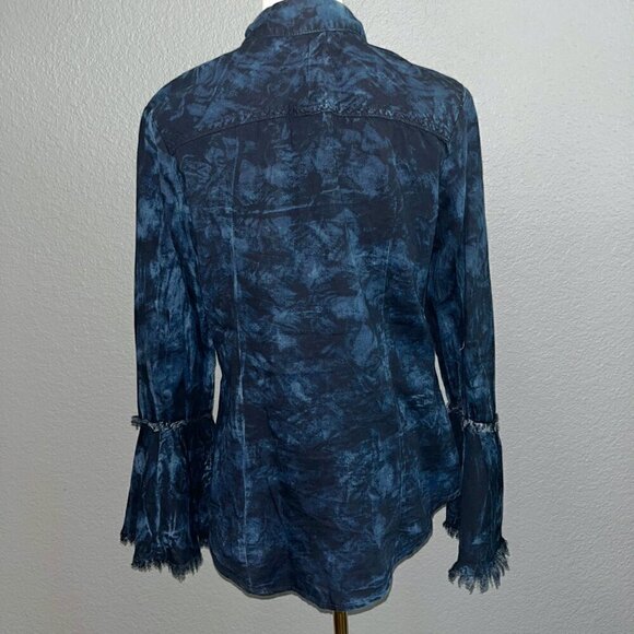 SCULLY Western Tie Die Black & Blue Ruffle Sleeves Frayed Edges Shirt Blouse Top - Picture 6 of 9